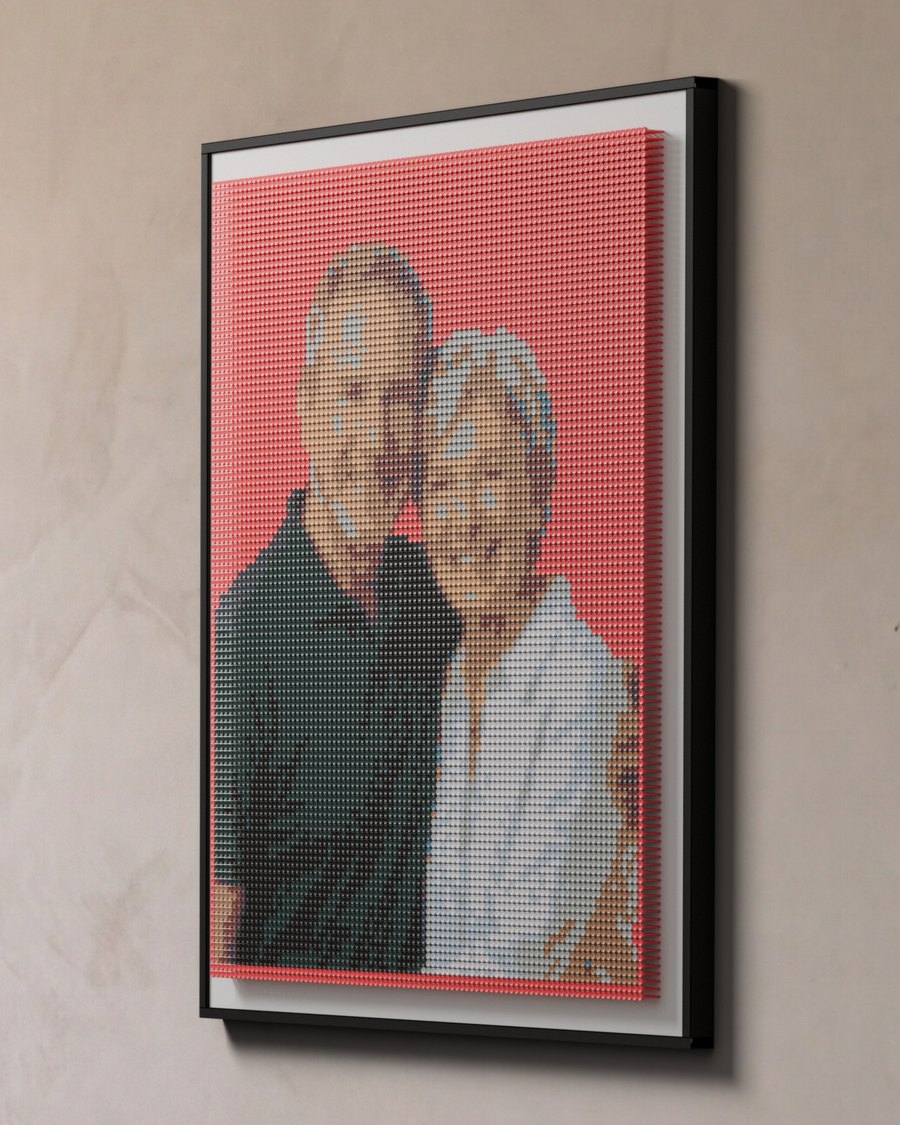 The two of them: 10,080 tees in 12 colours on a red board, 45 by 55 inches